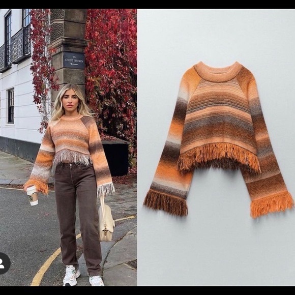 Zara Sweaters - NWT ZARA orange & Brown fringe knit sweater